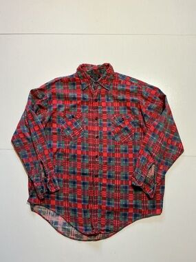 Vintage 70s 80s JCPenney Plaid Printed 100% Cotton L/S Flannel Button Shirt